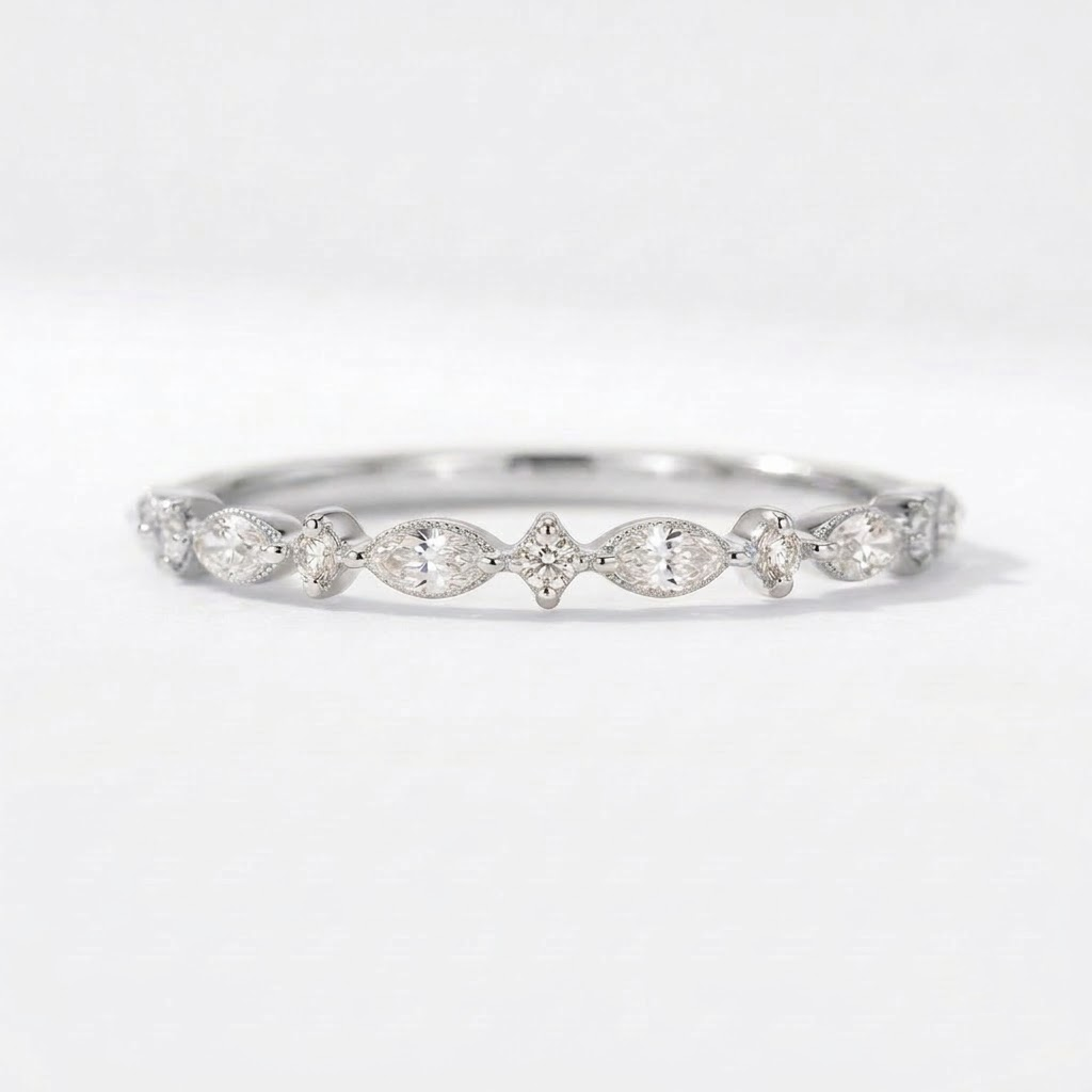 Marquise Moissanite Silver Wedding Band