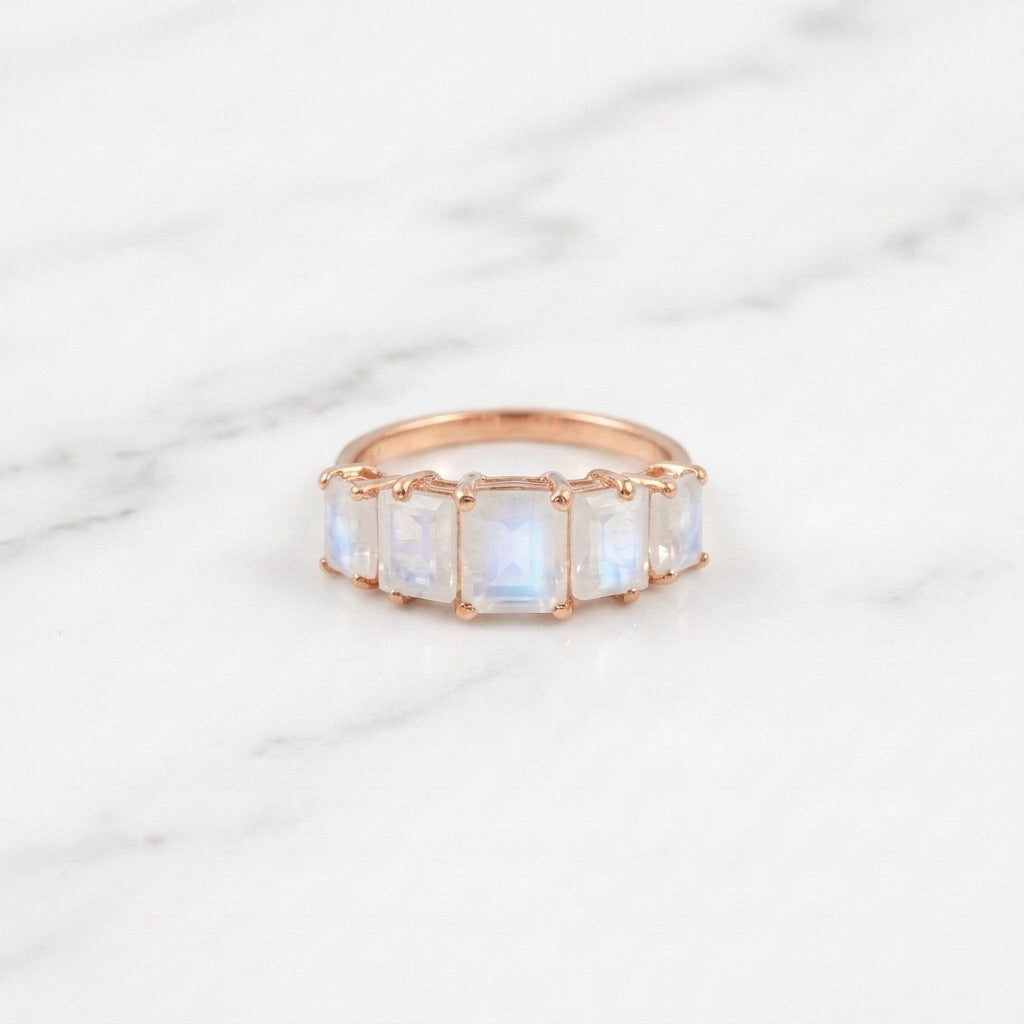 Emerald Cut Moonstone Engagement Rose Gold Ring
