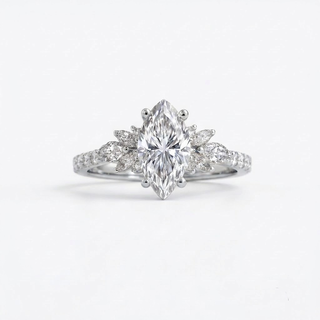 Vintage Marquise Cut Moissanite Engagement Silver Ring