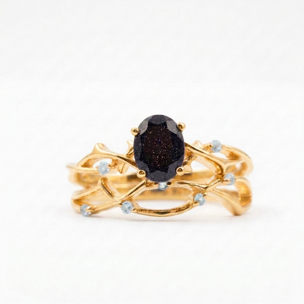 Oval Blue Sandstone Gold Engagement Ring Women