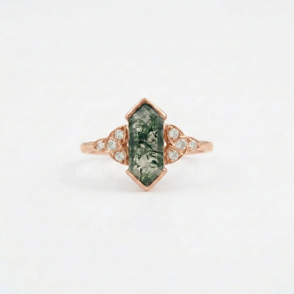 Moss Agate Hexagon Rose Gold Engagement Ring