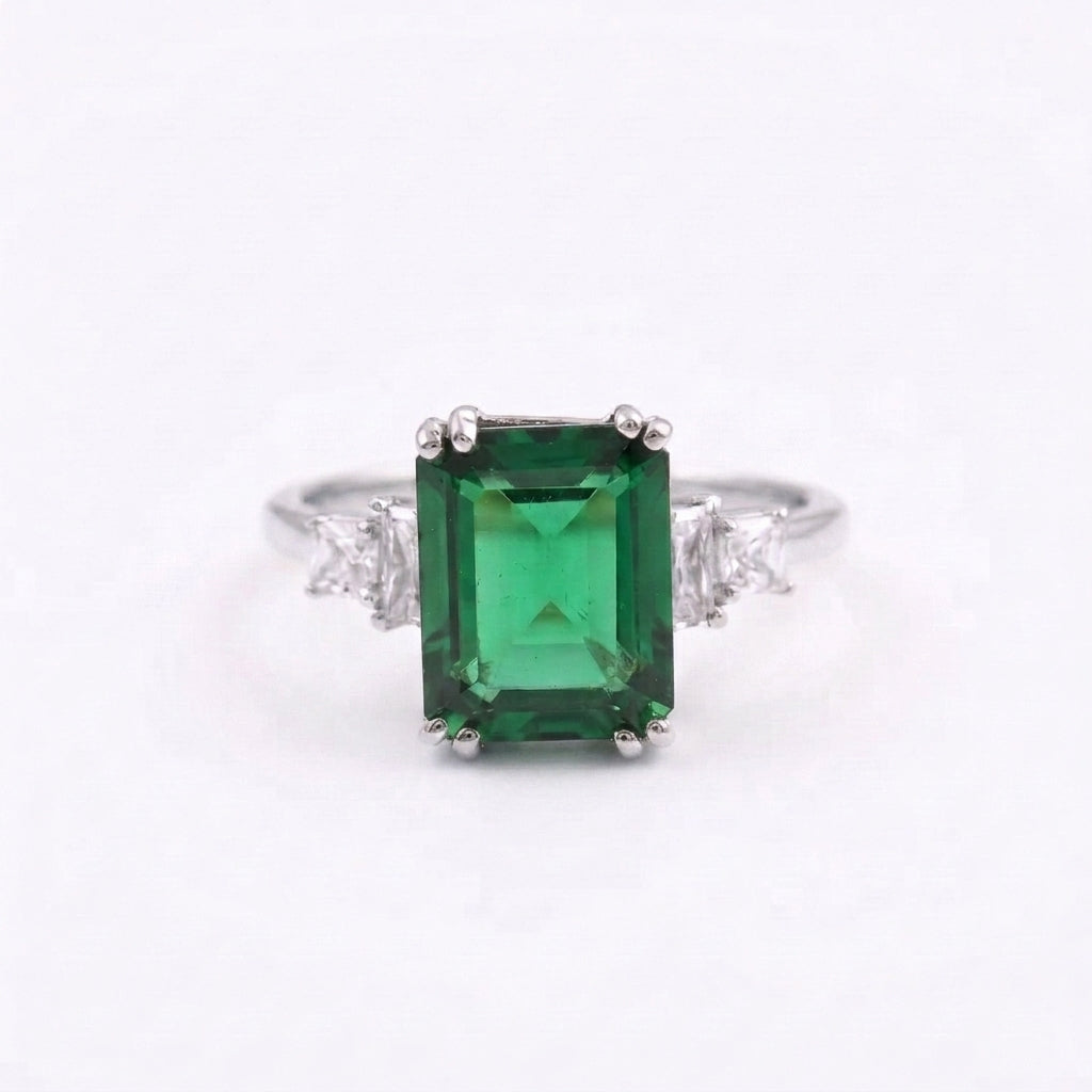 Baguette Cut Moissanite & Green Emerald Silver Ring
