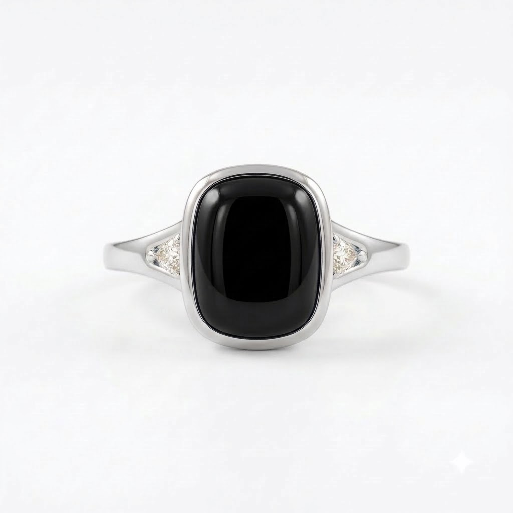 Bezel Set 2 Ct Cushion Cut Onyx Silver Engagement Ring