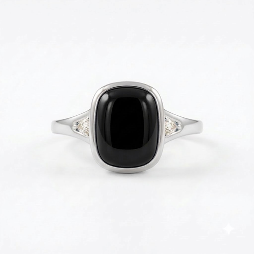 Bezel Set 2 Ct Cushion Cut Onyx Silver Engagement Ring