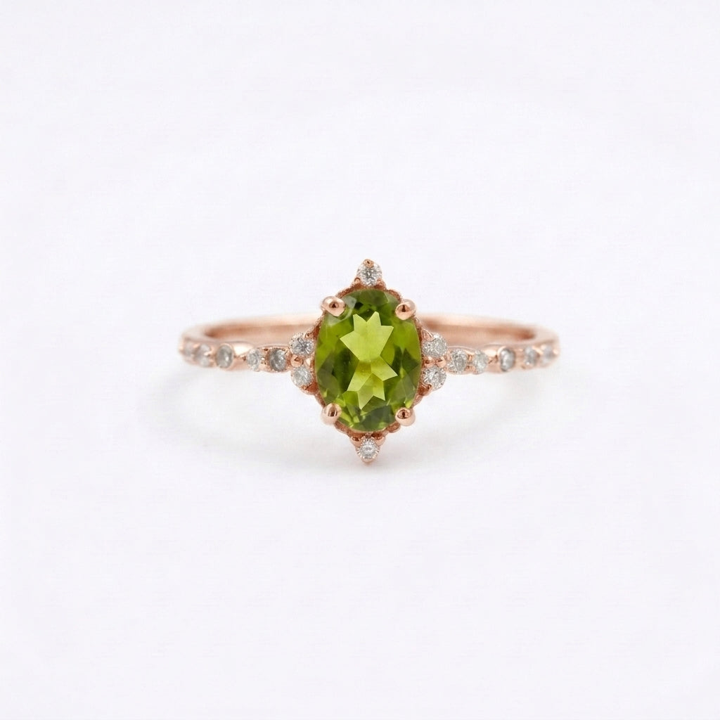 Oval Cut Cluster Halo Diamond Peridot Rose Gold Engagement Ring