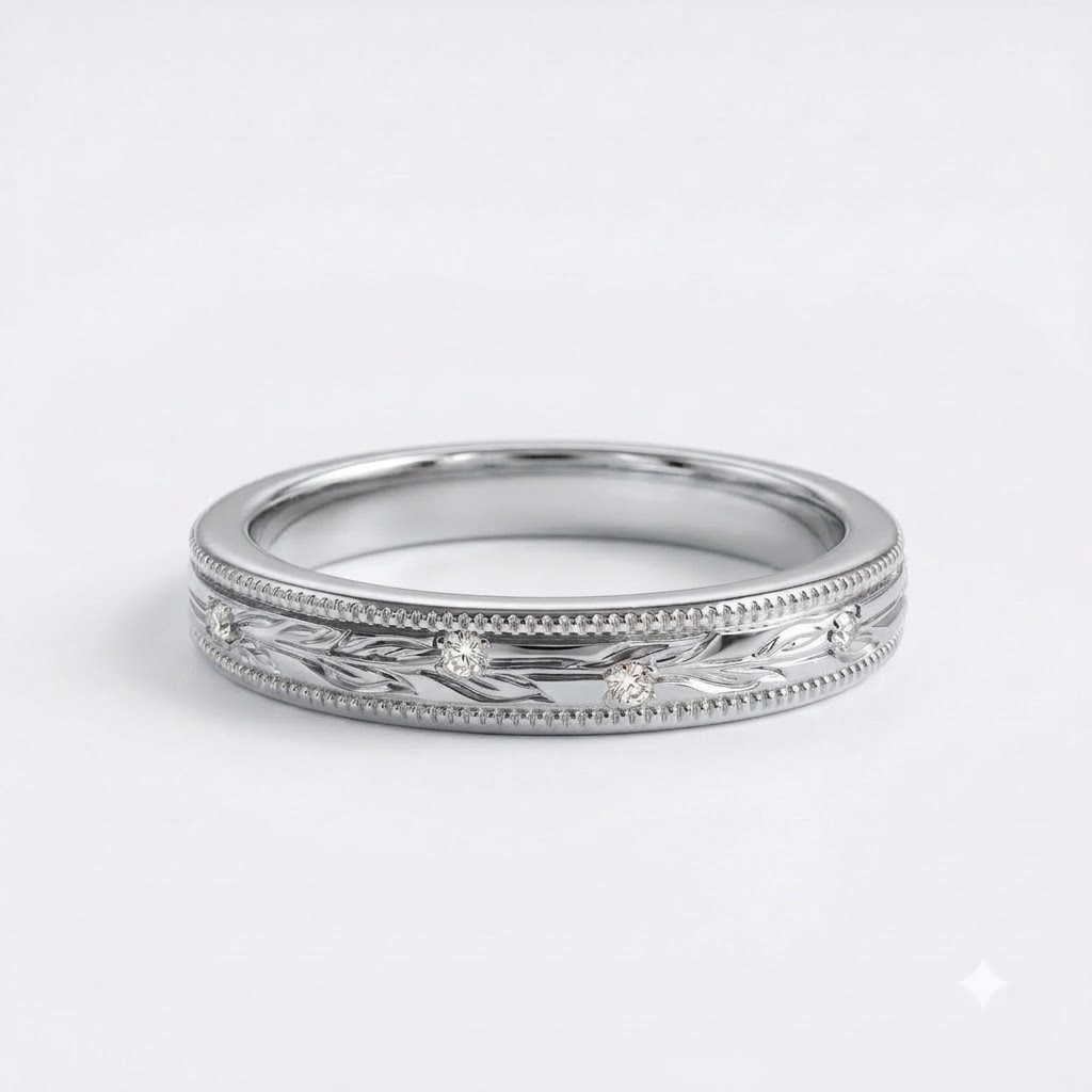 Moissanite Leaf Silver Wedding Band