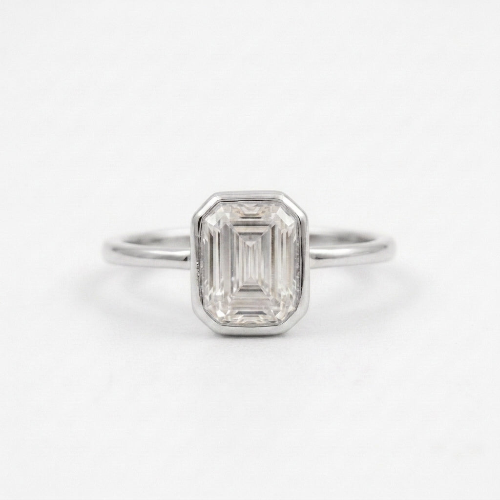 Emerald 1.5Ct Bezel Moissanite Silver Engagement Ring