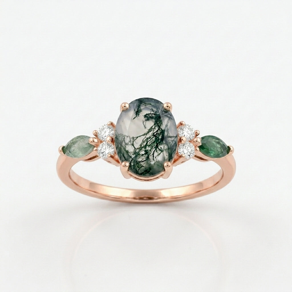 Moss Agate Oval Cut Rose Gold Engagement Ring