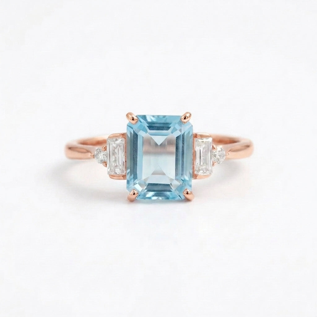 Aquamarine Gemstone Engagement Ring Emerald Cut Rose Gold Ring For Women