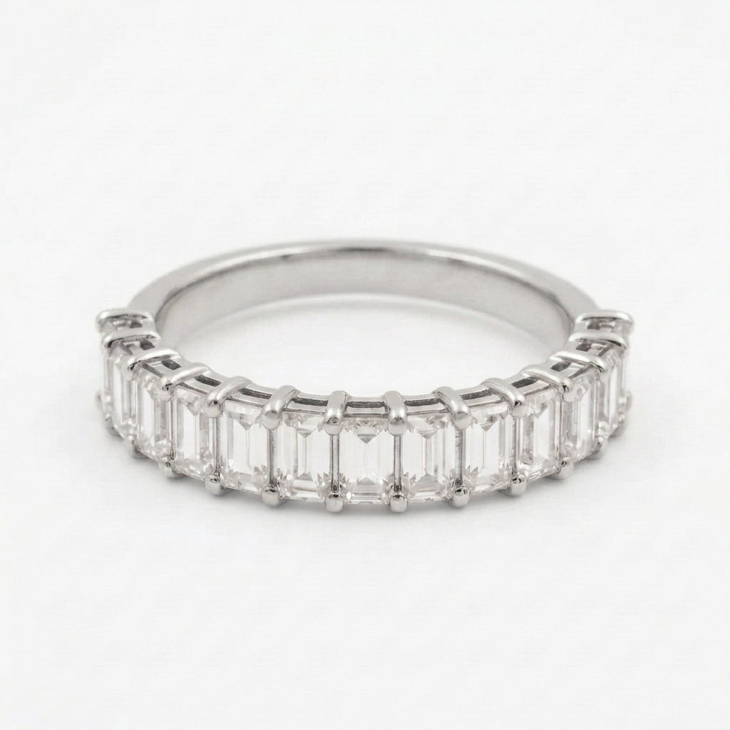 Baguette Cut Moissanite Silver Wedding Band Half Eternity Band