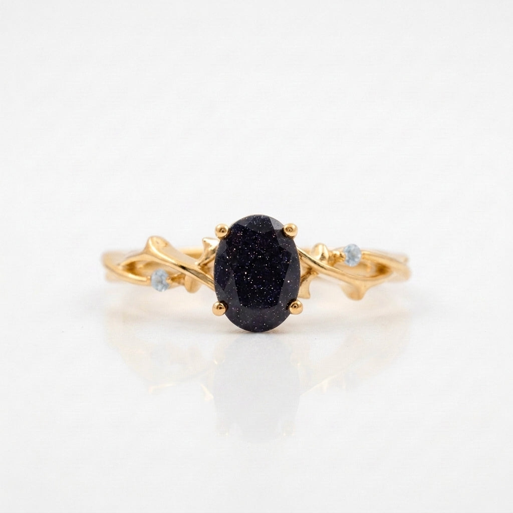 Oval Galaxy Sandstone Twig Gold Engagement Ring