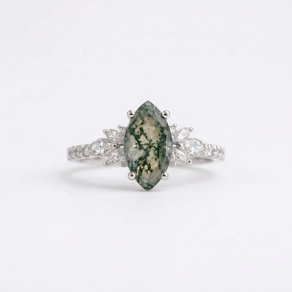 Vintage Marquise Moss Agate Silver Engagement Ring