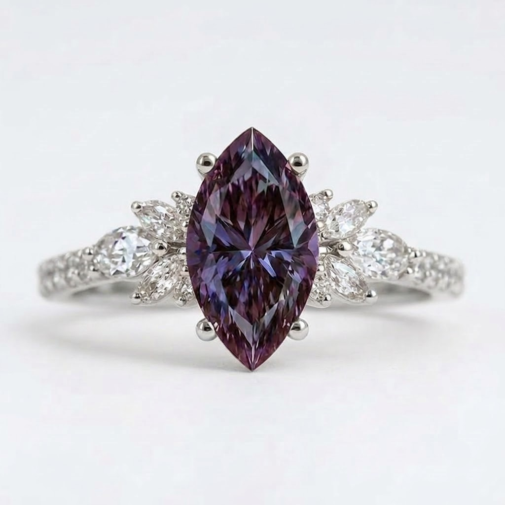 Vintage Marquise Cut Alexandrite Silver Engagement Ring