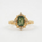 Vintage Emerald Cut Moss Agate Moissanite Gold Engagement Ring
