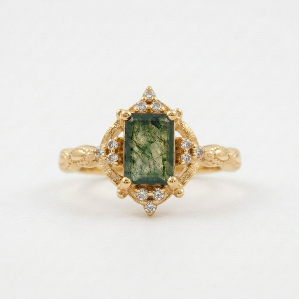 Vintage Emerald Cut Moss Agate Moissanite Gold Engagement Ring