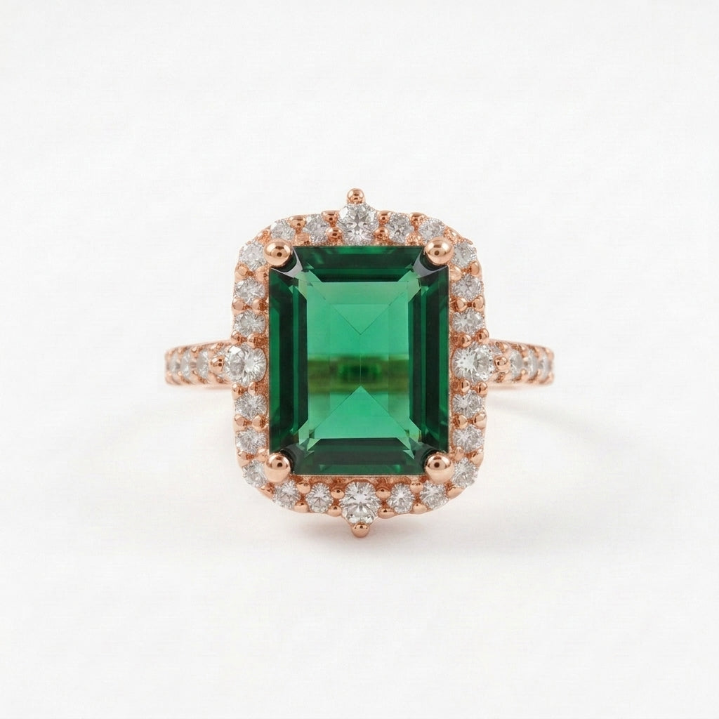 Emerald Cut Cluster Halo Engagement  Rose Gold Ring