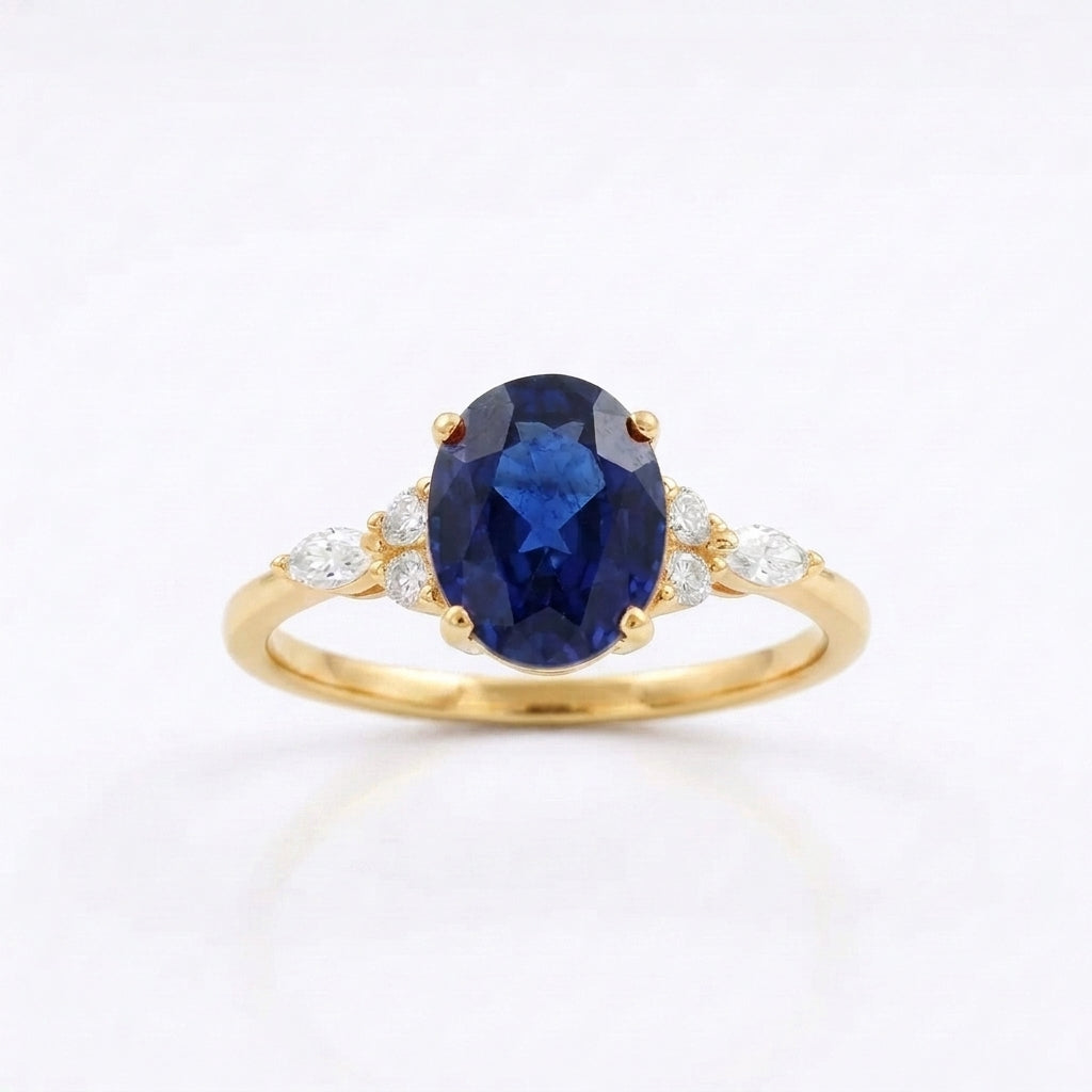 Oval Cut Blue Sapphire Sterling Gold Engagement Ring