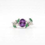 Oval Amethyst & Emerald CZ Cluster Silver Engagement Ring