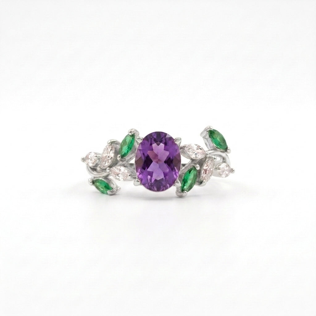 Oval Amethyst & Emerald CZ Cluster Silver Engagement Ring