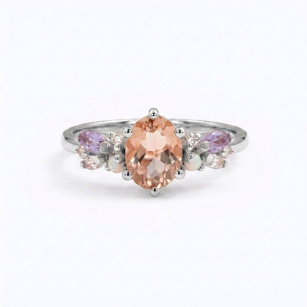 Oval Cut Morganite Gemstone Sterling Silver Engagement Ring