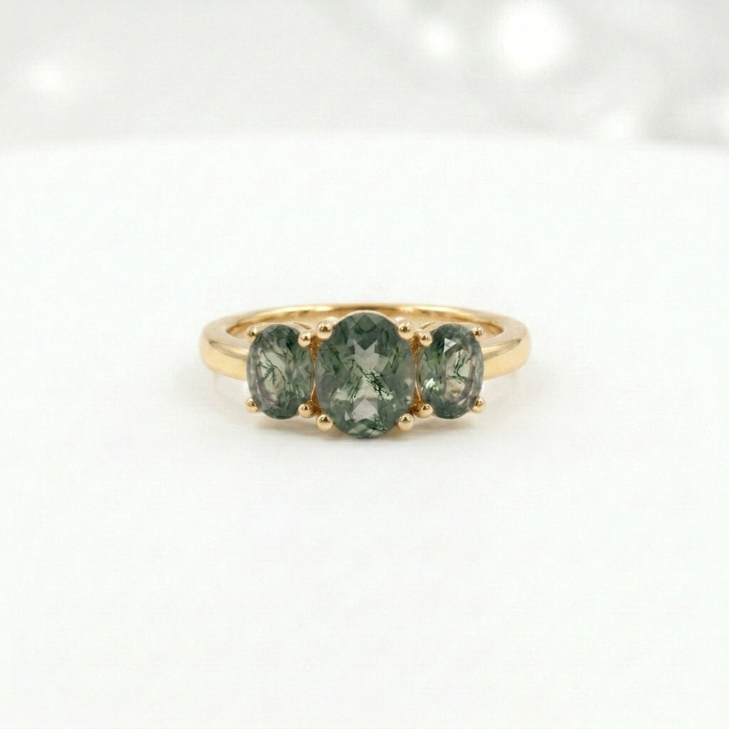 Oval Moss Agate Stacking Ring Three Stone Gold Ring