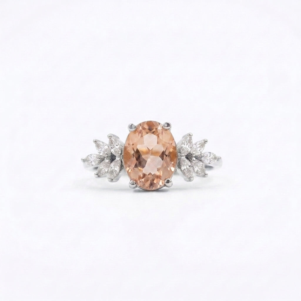 Oval Morganite Gemstone CZ Cluster Silver Engagement Ring