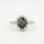 Oval Moss Agate Halo Diamond White Gold Engagement Ring 
