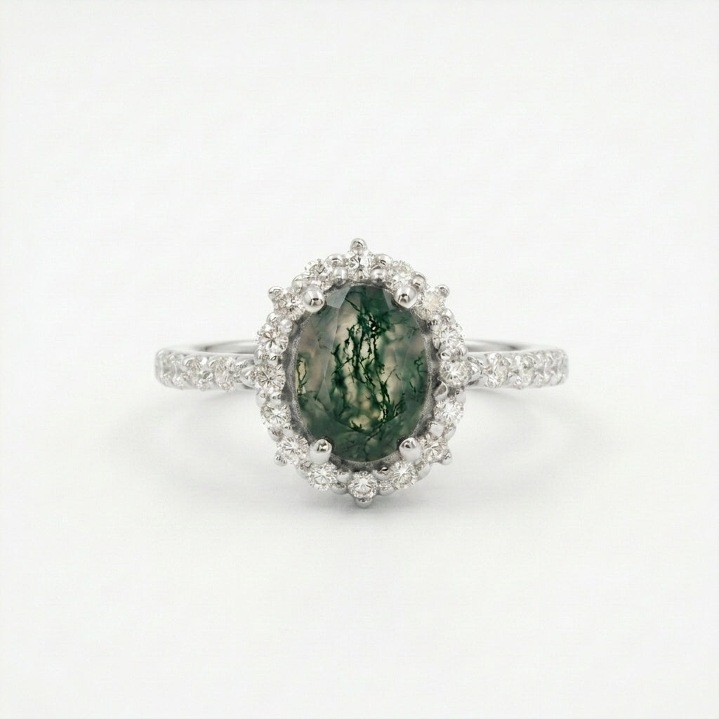 Oval Moss Agate Halo Diamond White Gold Engagement Ring 
