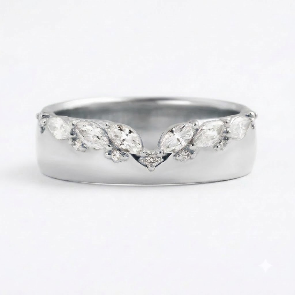 Marquise Moissanite Curved Silver Wedding Band