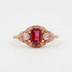 Emerald Cut Ruby Nature Inspired Leaf Rose Gold Stacking Ring