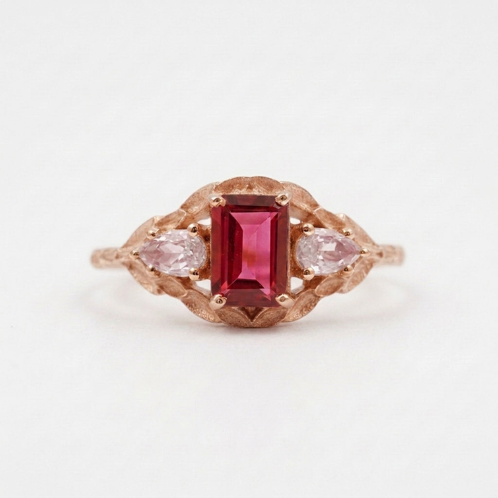 Emerald Cut Ruby Nature Inspired Leaf Rose Gold Stacking Ring