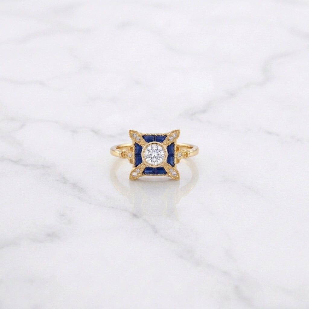 Antique Blue Sapphire & Diamond Vintage Gold Engagement Ring