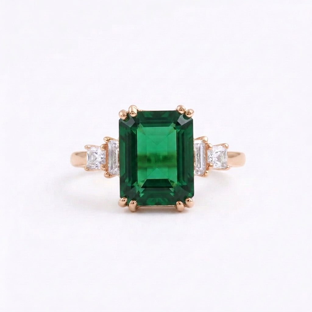 Emerald CZ Diamond Rose Gold Engagement Ring - Gigiscc