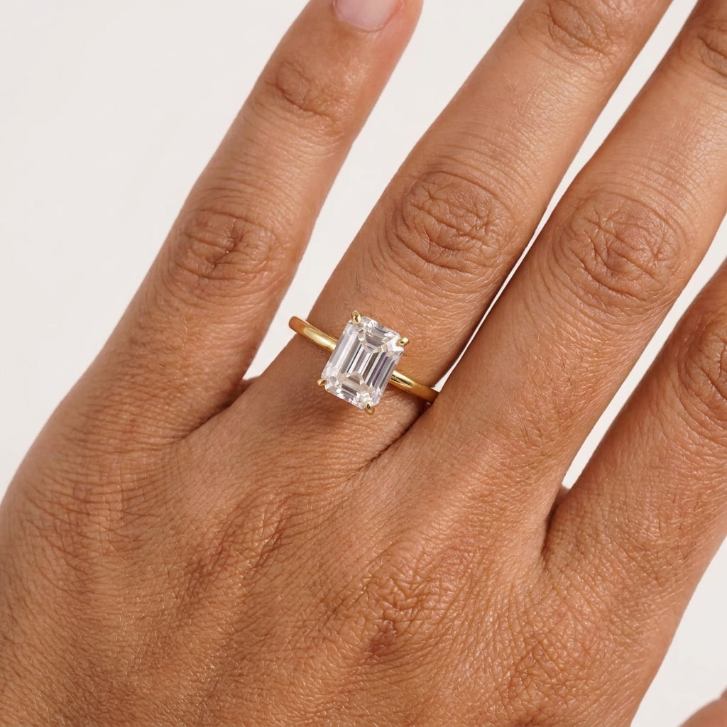 Emerald Cut Moissanite Diamond Solitaire Engagement WIth Model Finger
