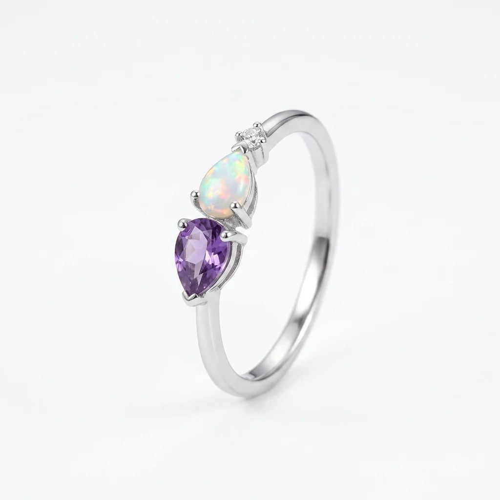 Pear Cut Alexandrite Art Deco Moissanite 3 Stone Wedding Silver Band