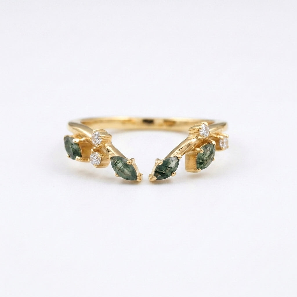 Natural Moss Agate Open Gold Wedding Band