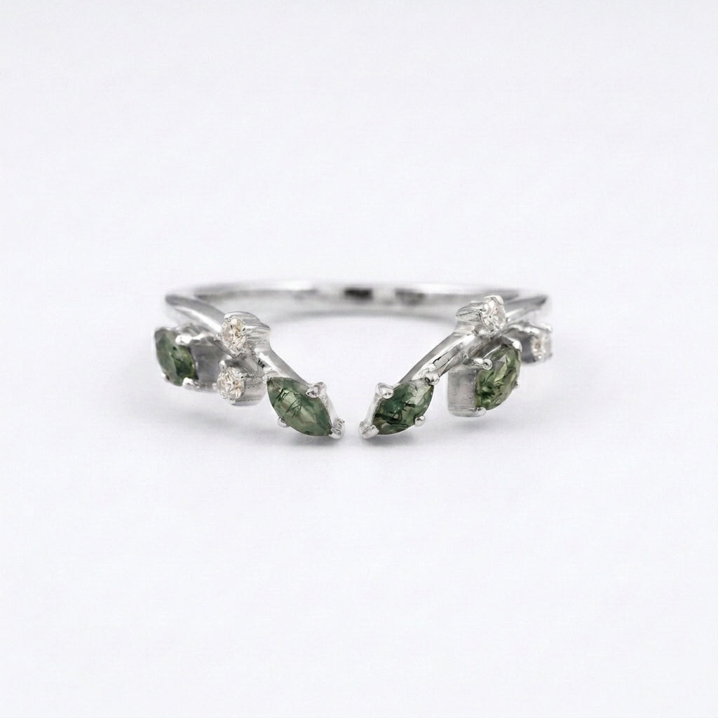 Natural Moss Agate Open White Gold Wedding Band
