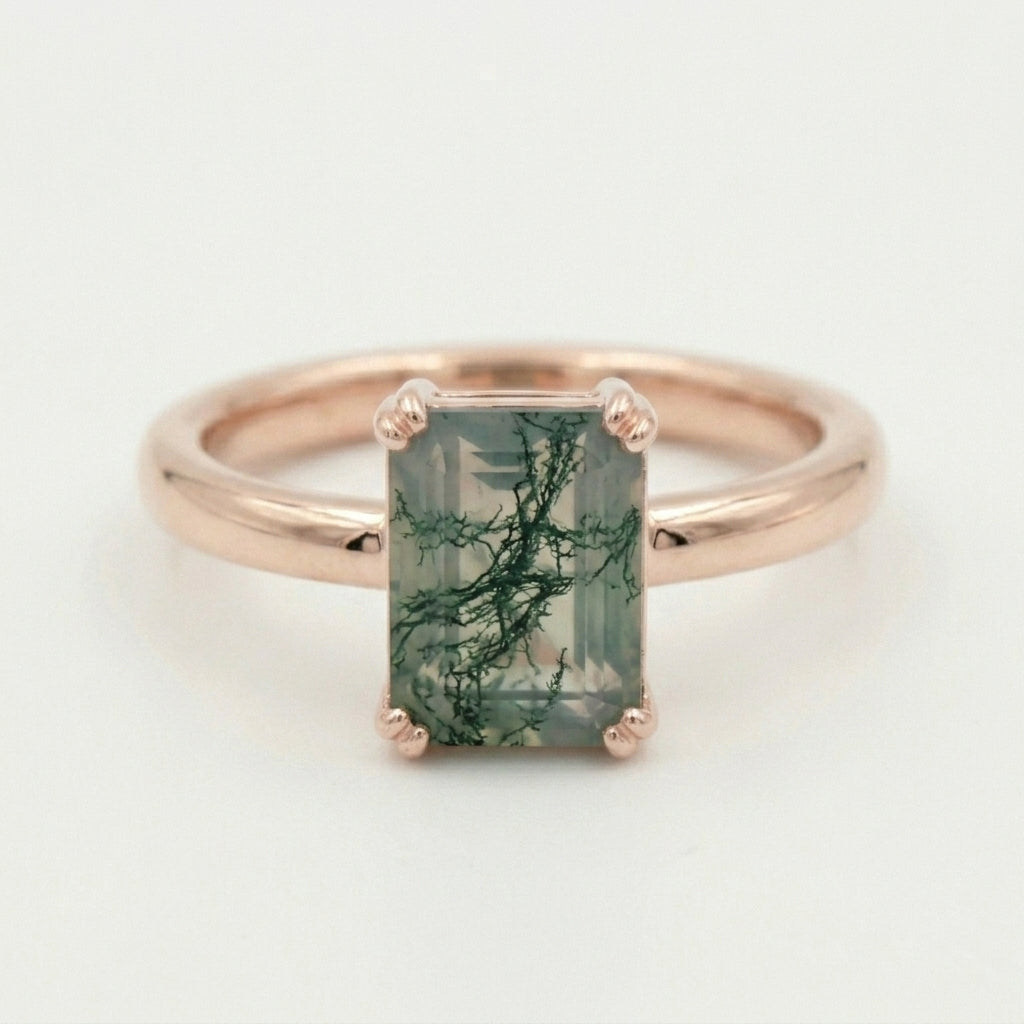 Emerald Cut Moss Agate Solitaire Rose Ring
