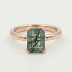 Emerald Cut Moss Agate Solitaire Rose Ring