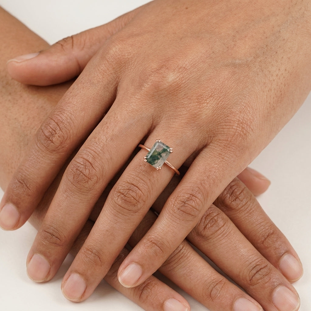 Emerald Cut Moss Agate Solitaire Ring With Finger