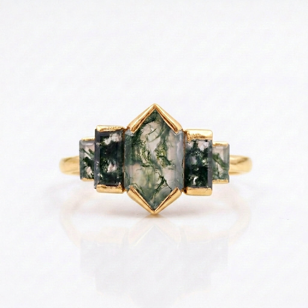 Bezel Set Moss Agate Hexagon Engagement Gold Ring