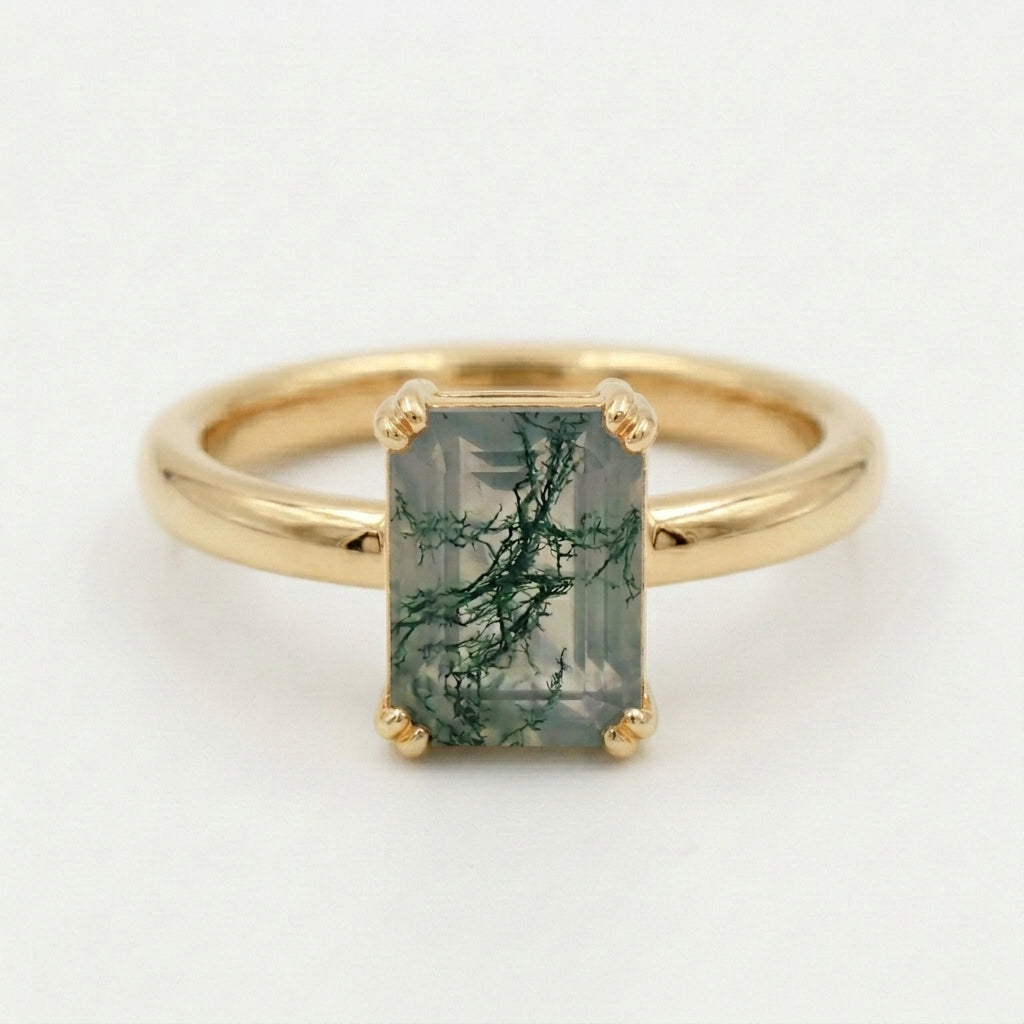 Emerald Cut Moss Agate Solitaire Gold Ring