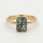 Emerald Cut Moss Agate Solitaire Gold Ring