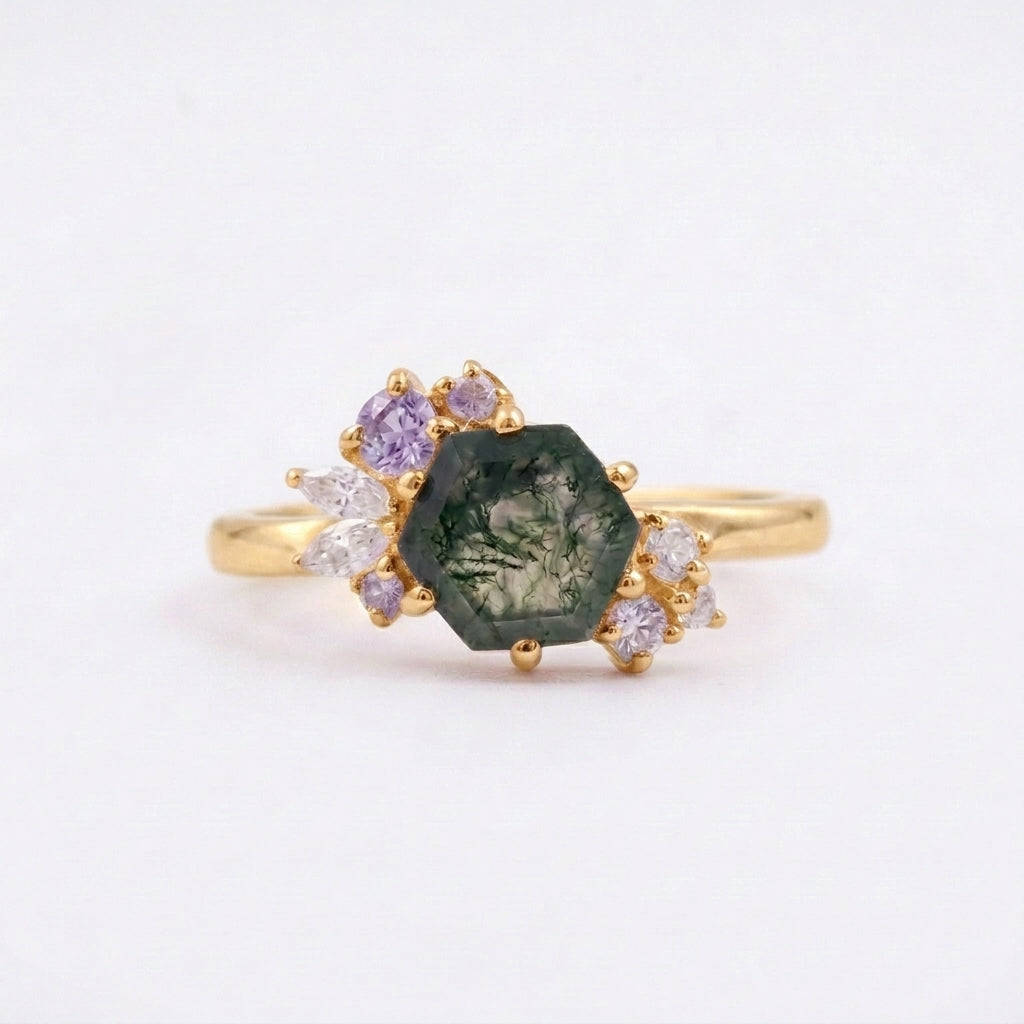 Hexagon Cut Moss Agate Cluster Art Deco Gold Ring