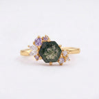 Hexagon Cut Moss Agate Cluster Art Deco Gold Ring