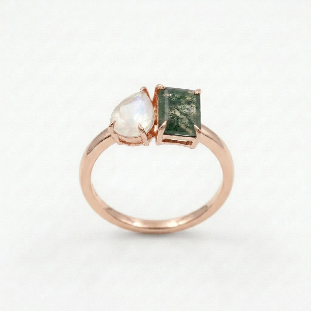 Double Stone Moss Agate And Moonstone Toi Et Moi Rose Gold Engagement Ring