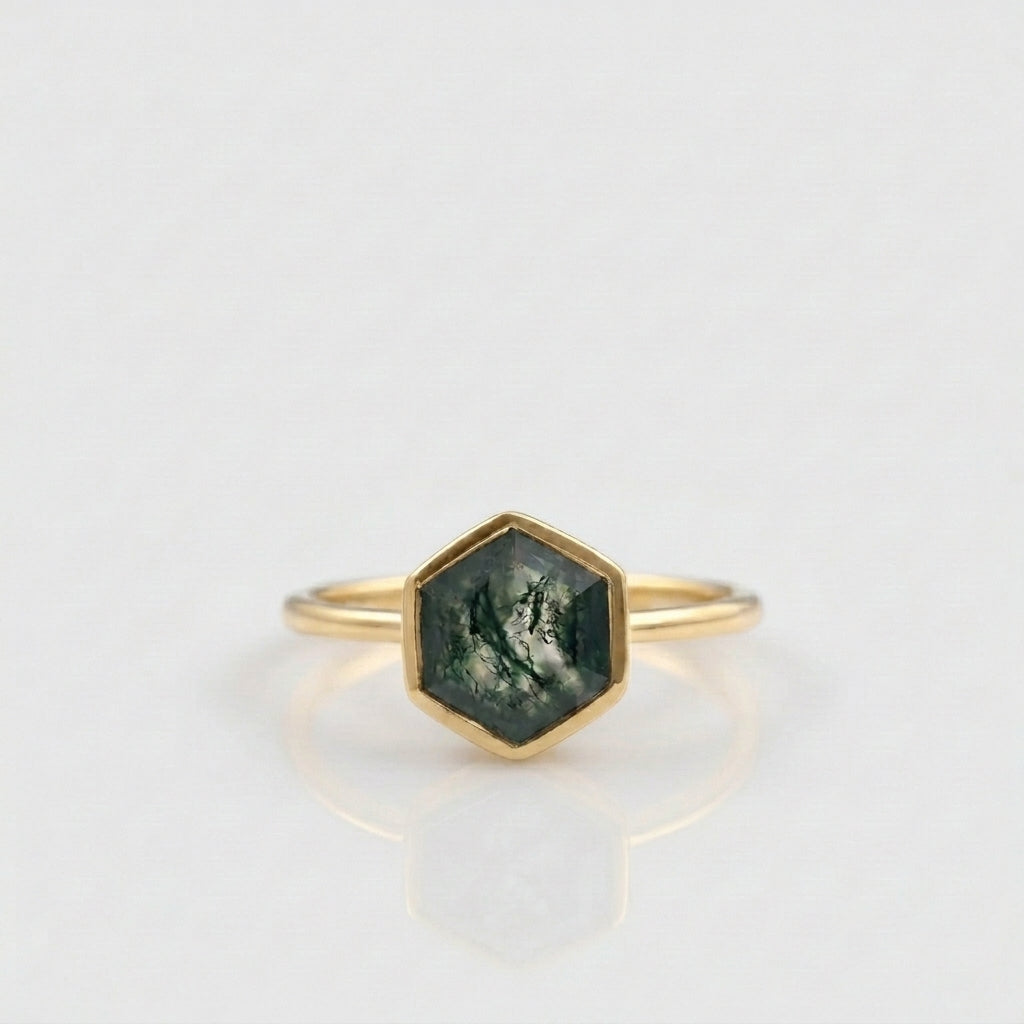Hexagon Cut Moss Agate Bezel Set Gold Engagement Ring 