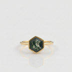 Hexagon Cut Moss Agate Bezel Set Gold Engagement Ring 