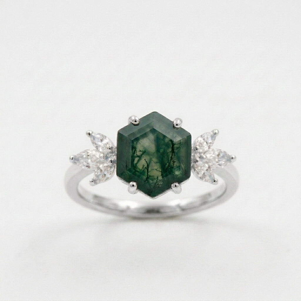 Hexagon Cut Moss Agate Marquise CZ Cluster  Silver Engagement Ring