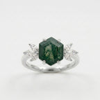 Hexagon Cut Moss Agate Marquise CZ Cluster  Silver Engagement Ring